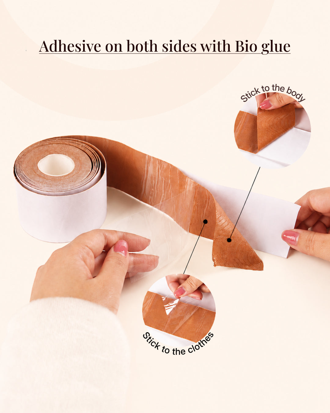 Diagram showing adhesive on both sides, skin to fabric and fabric to skin