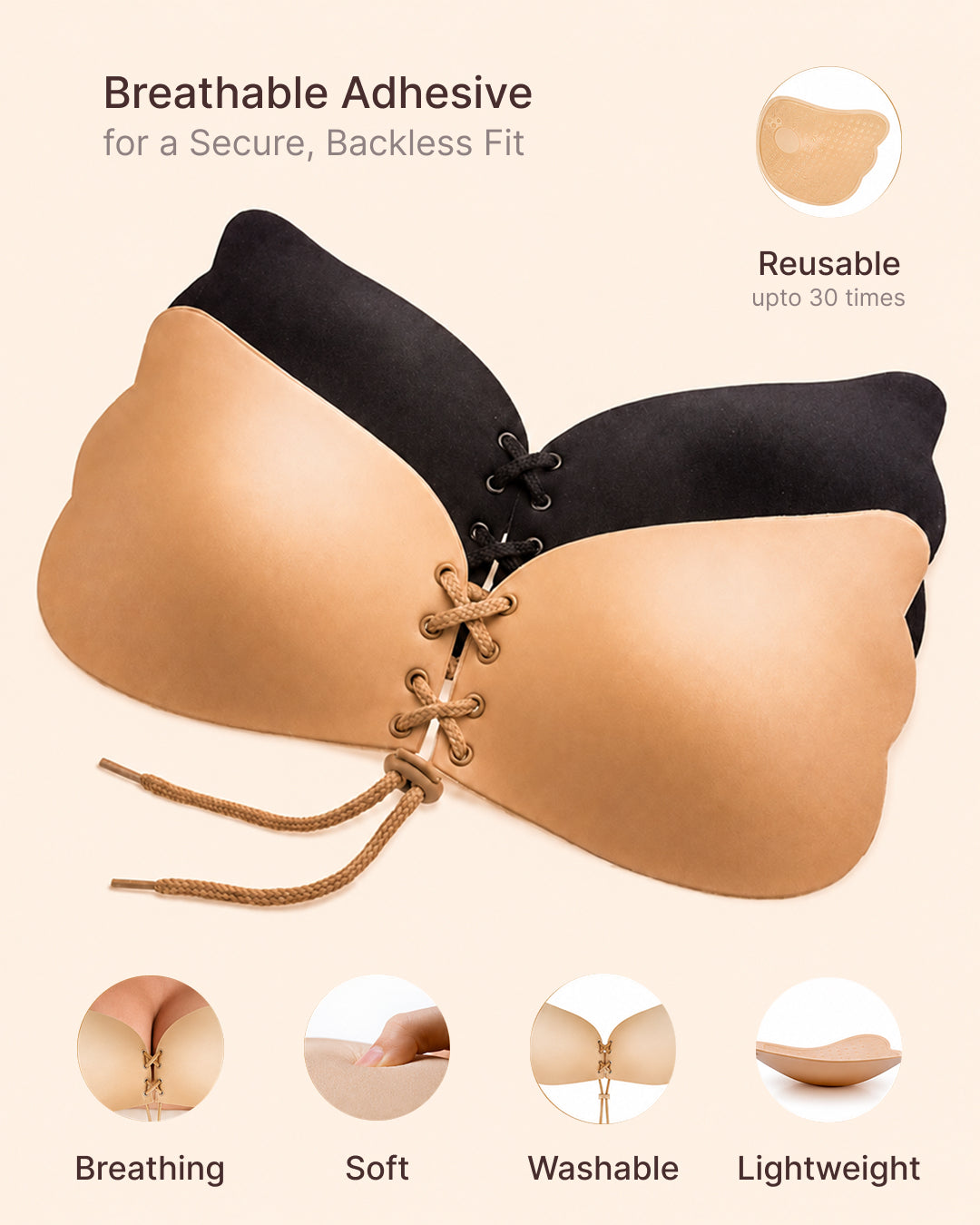 Adhesive Breathable Extra Cleavage Backless|Strapless Stick On Bra | Reusable Up to 30 Times