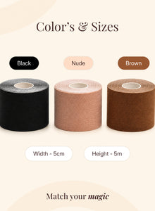 Boob tape in black, nude and brown, 5 cm wide and 5 m long