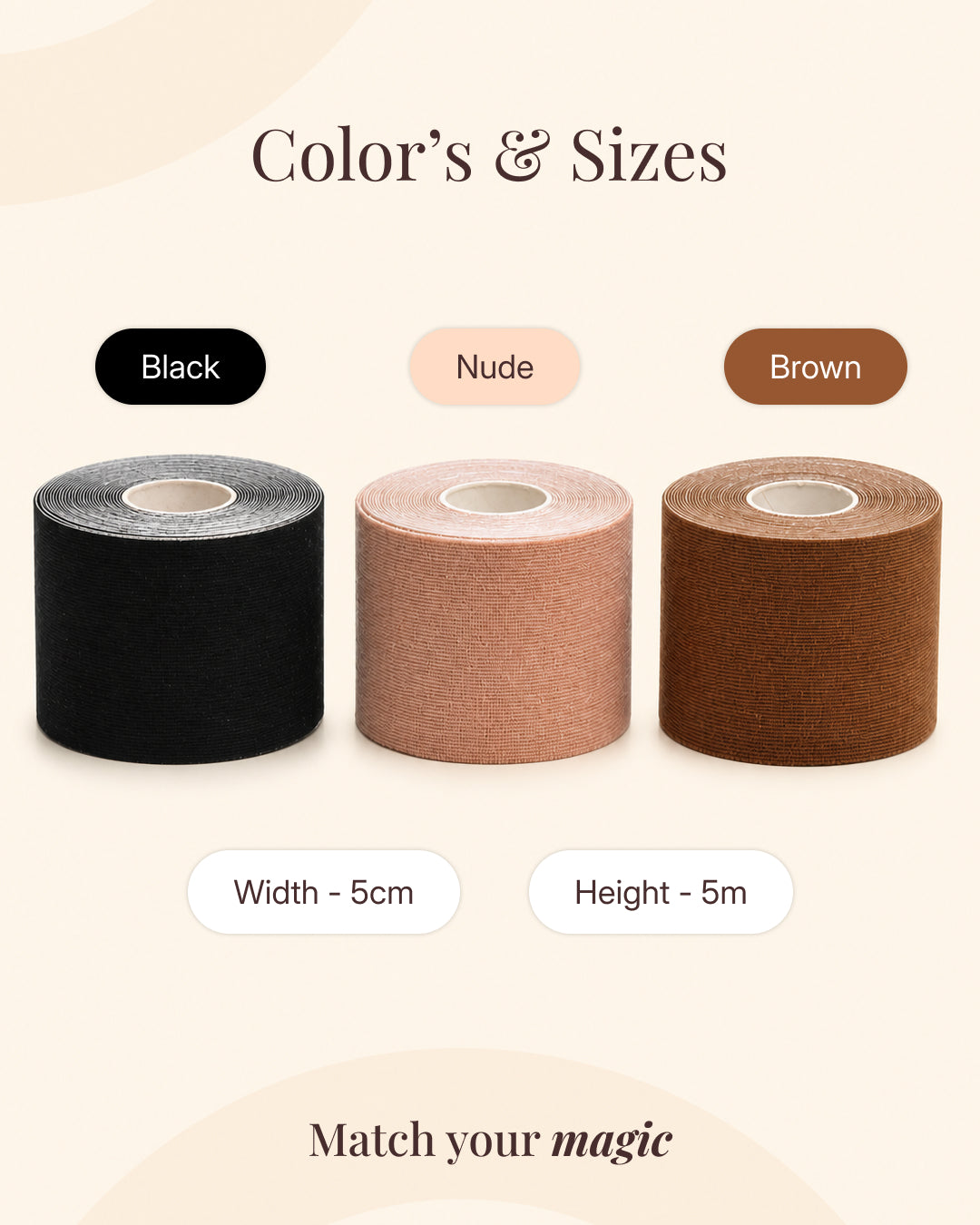 Boob tape in black, nude and brown, 5 cm wide and 5 m long