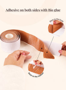 Diagram showing adhesive on both sides, skin to fabric and fabric to skin