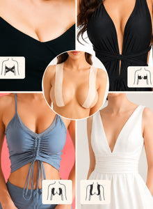 Four outfits held with double-sided tape: plunge, halter, ruched and white dress