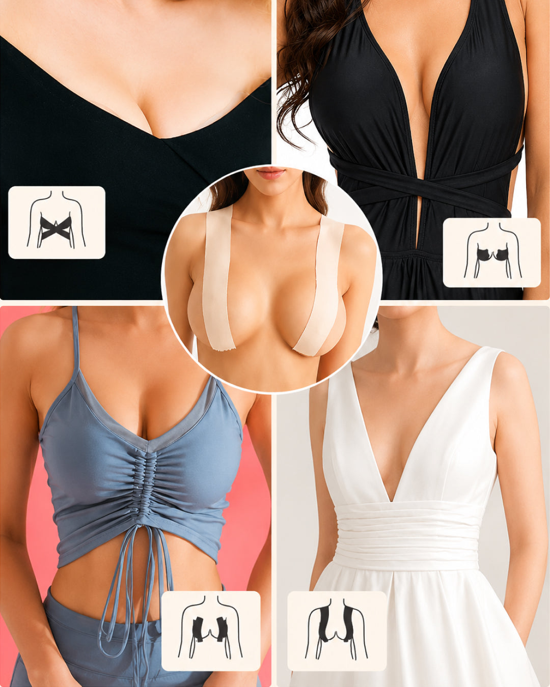 Four outfits held with double-sided tape: plunge, halter, ruched and white dress