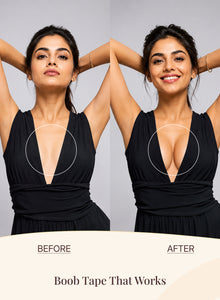 Before and after on models in a black plunge dress