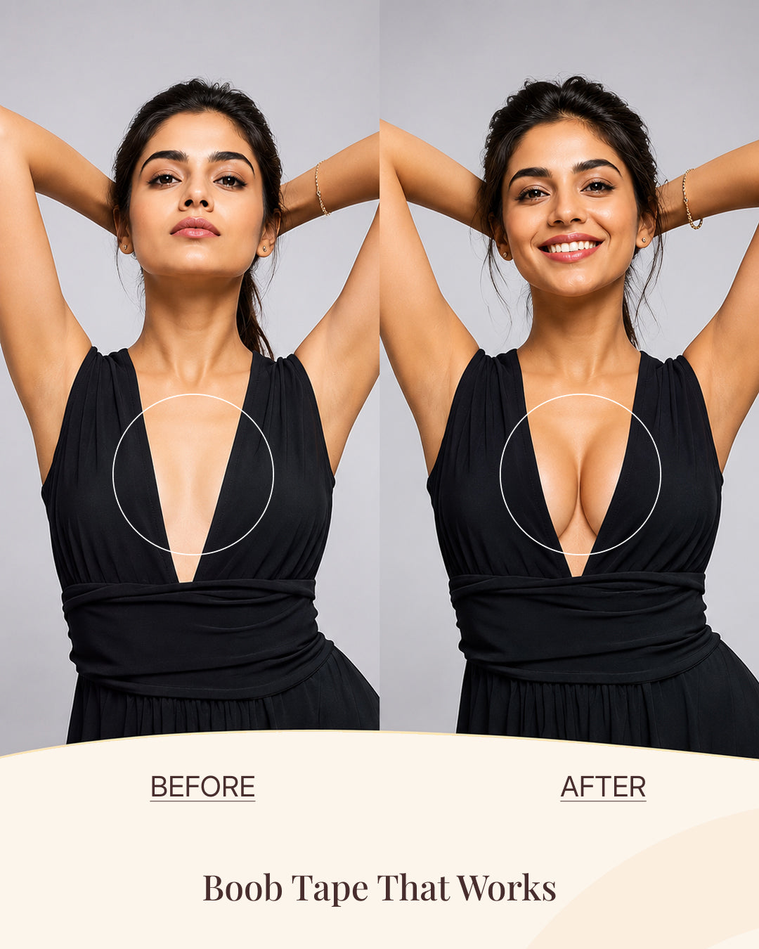 Before and after on models in a black plunge dress