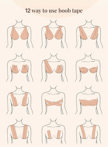 Illustrated grid of twelve ways to apply boob tape for different necklines