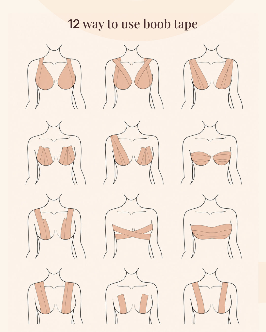 Illustrated grid of twelve ways to apply boob tape for different necklines
