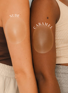 Nipple covers in Nude and Caramel shown on two skin tones