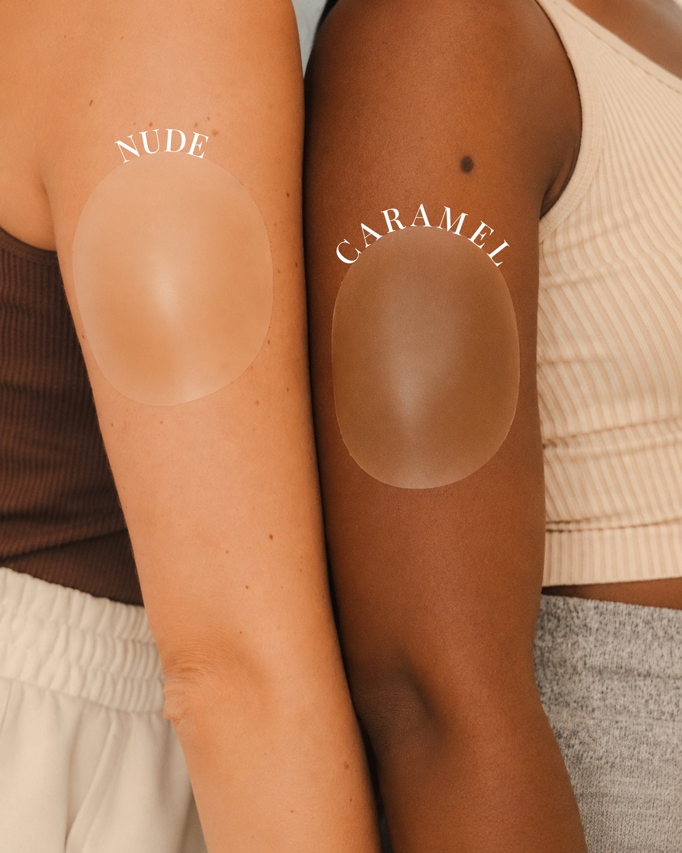 Nipple covers in Nude and Caramel shown on two skin tones
