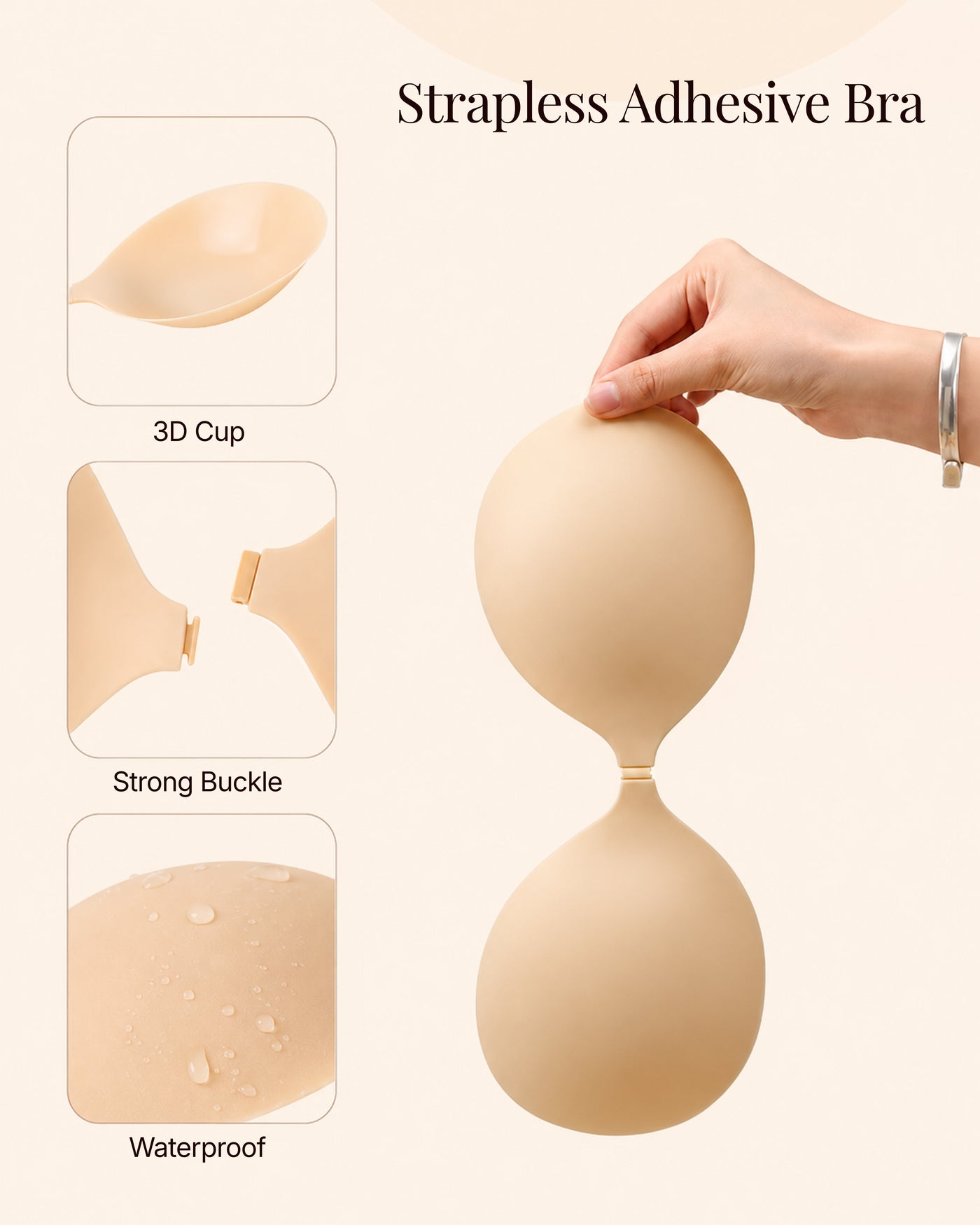 Construction diagram: 3D moulded cup, front buckle and waterproof silicone