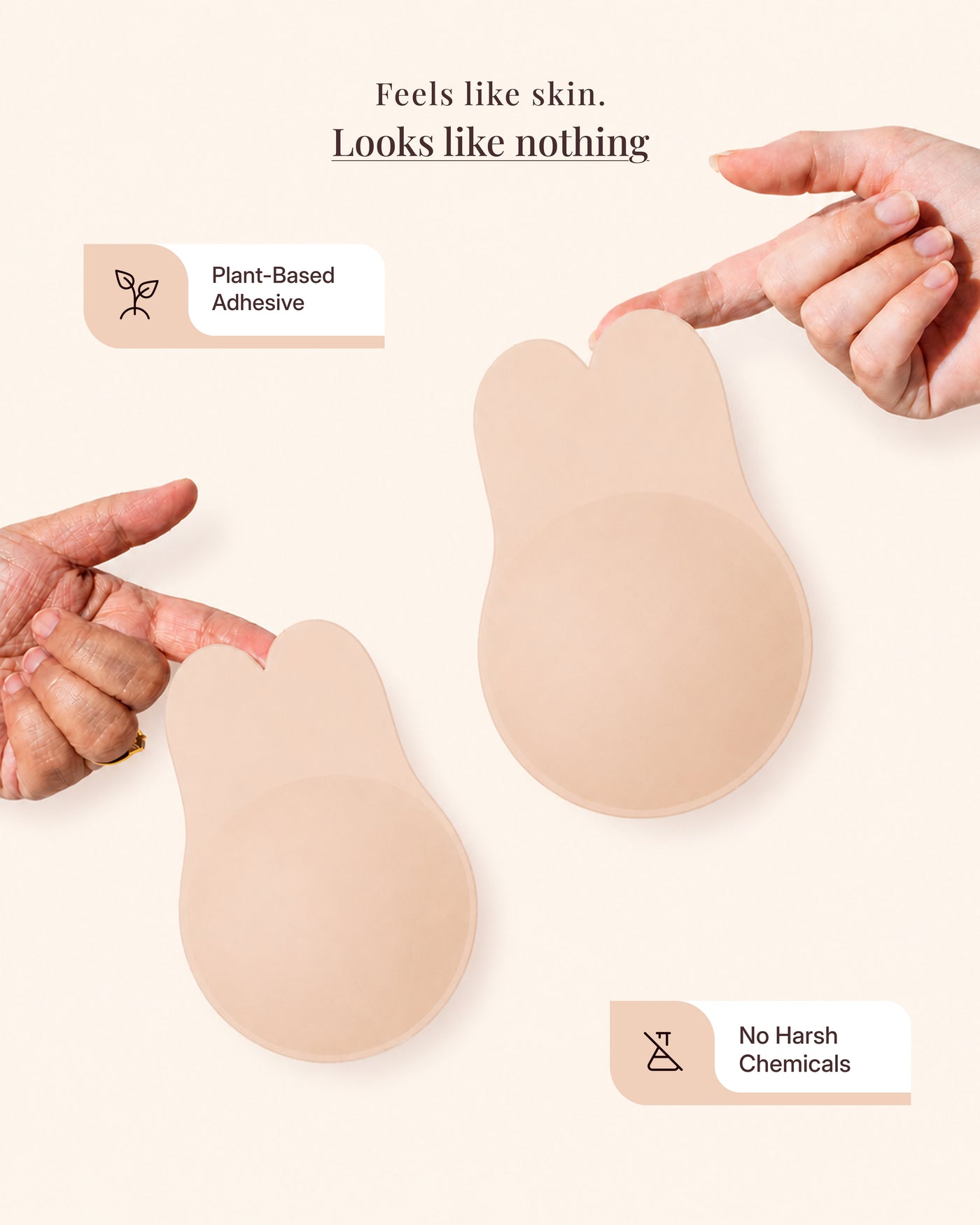 Fingers pressing the plant-based adhesive lift, marked no harsh chemicals
