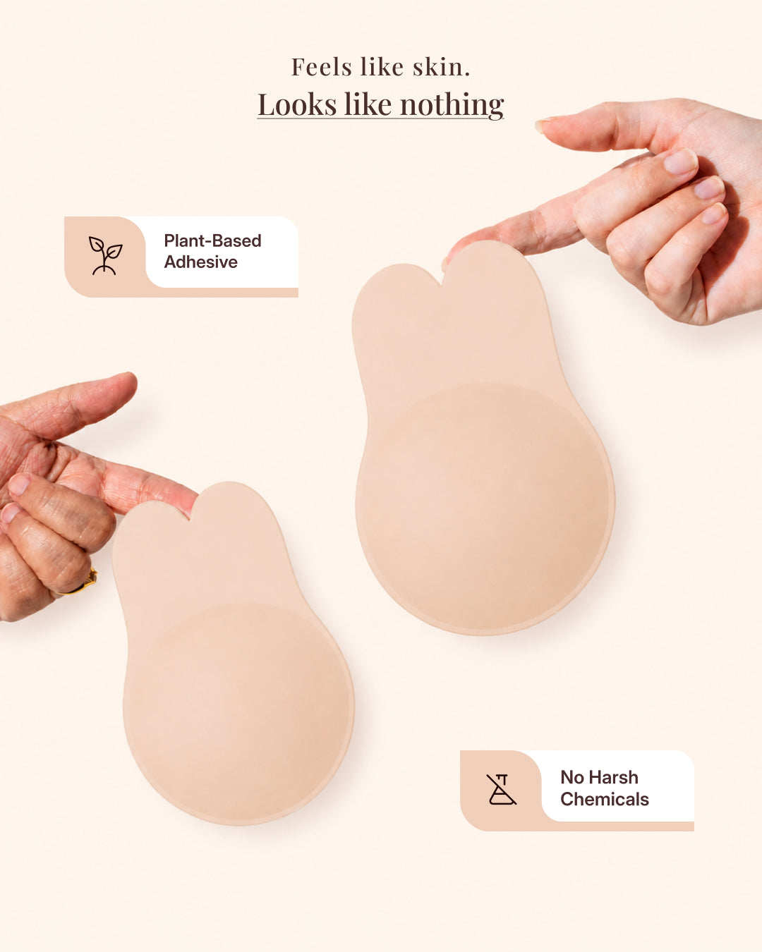 Fingers pressing the plant-based adhesive lift, marked no harsh chemicals