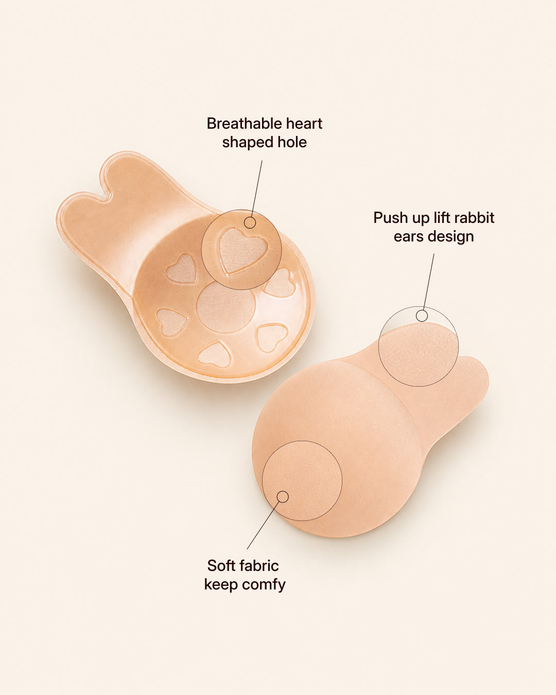 Design diagram: breathable heart-shaped opening, rabbit-ear push-up, soft fabric