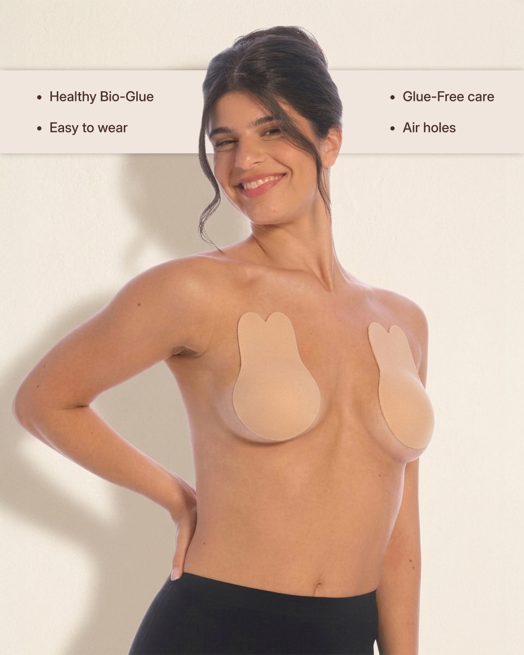 Model wearing the lift, with bio-glue and breathable air holes noted
