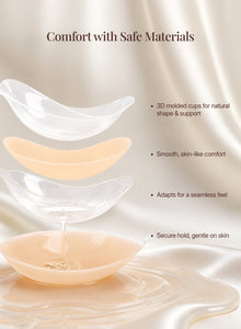 Feature diagram: skin-safe silicone cups, adaptable fit and secure hold