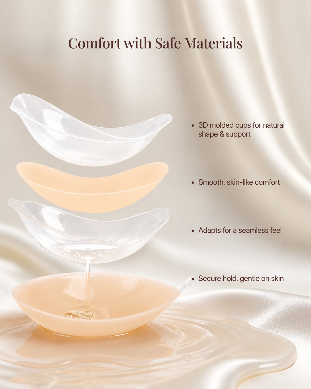 Feature diagram: skin-safe silicone cups, adaptable fit and secure hold