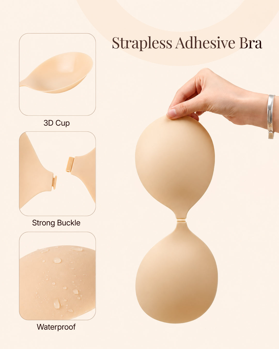 Construction diagram: 3D moulded cup, front buckle and waterproof silicone
