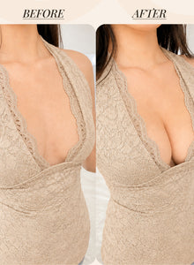 Before and after in a deep-V lace top, showing the lift the bra gives