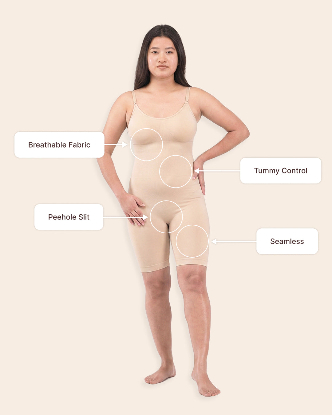 Feature diagram: breathable fabric, tummy control and seamless finish