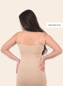 Model in the beige bodysuit from behind, adjustable strap marked