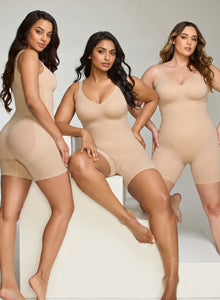 Three women wearing the shapewear bodysuit in different sizes