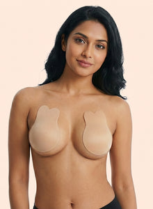 Model wearing the rabbit-ear lift tape, front view