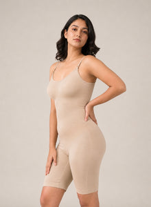 Model in the beige shapewear bodysuit, side view