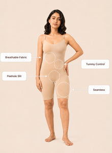 Feature diagram: breathable fabric, tummy control and seamless finish