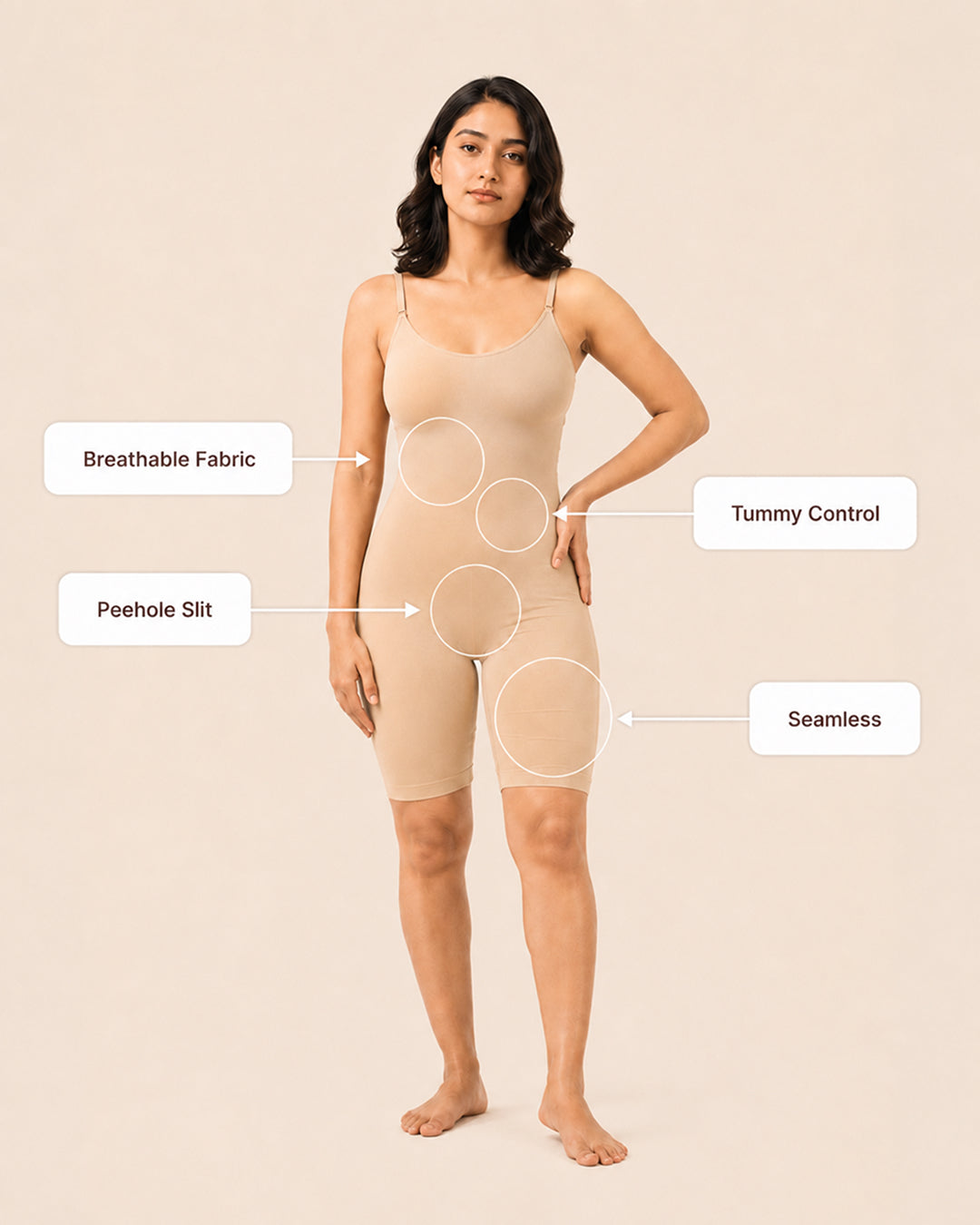 Feature diagram: breathable fabric, tummy control and seamless finish