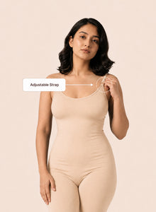 Model in the beige bodysuit with the adjustable straps marked