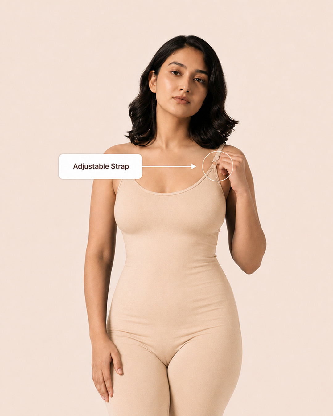 Model in the beige bodysuit with the adjustable straps marked