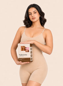 Model holding the bodysuit in its packaging box
