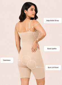 Feature diagram from behind: adjustable strap, back lift panel, seamless