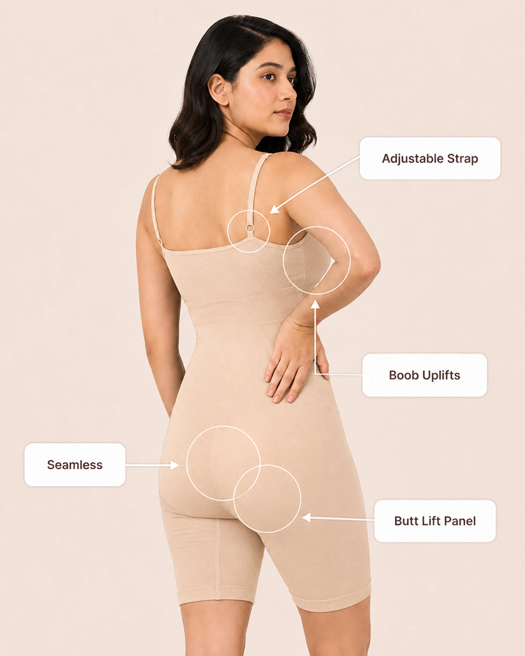 Feature diagram from behind: adjustable strap, back lift panel, seamless
