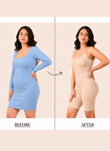 Before and after in a blue dress, with and without the bodysuit