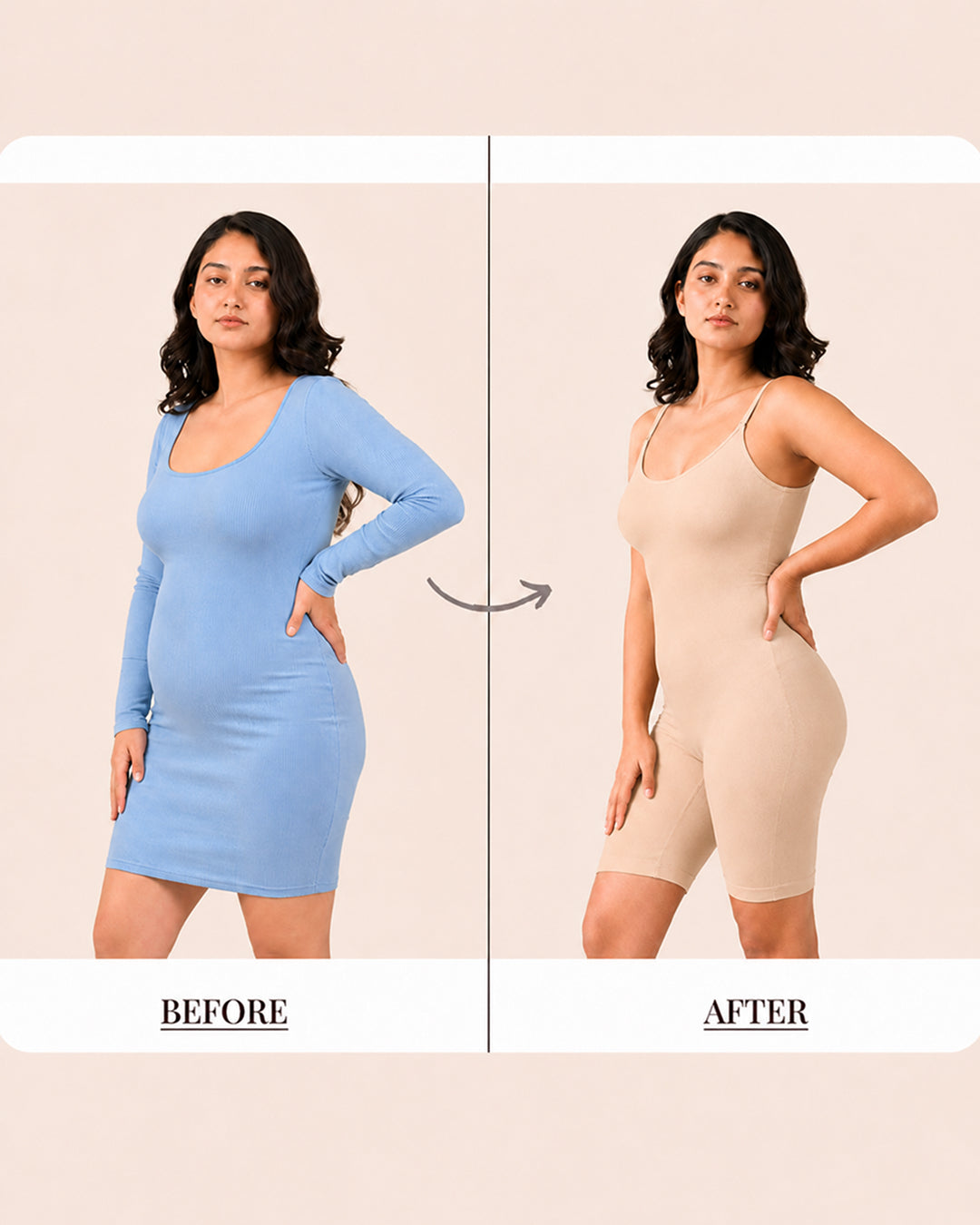 Before and after in a blue dress, with and without the bodysuit