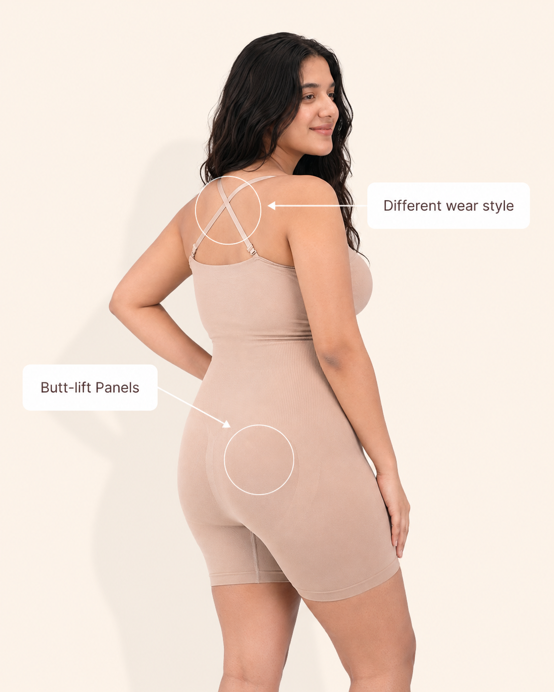Feature diagram: different ways to wear it, and the butt lift panels