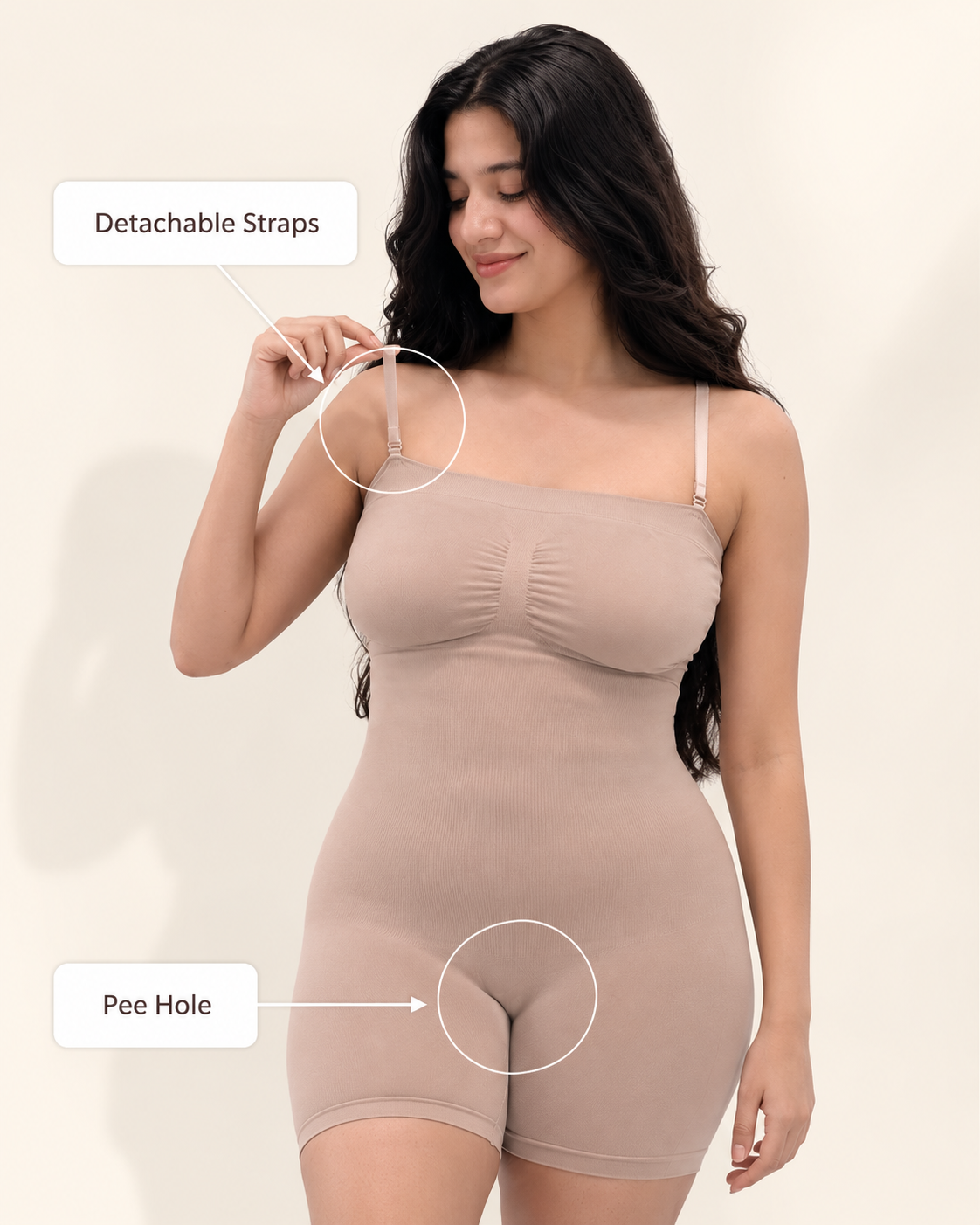 Feature diagram: detachable straps and pee hole