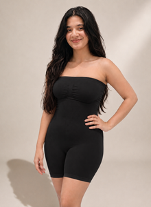 Model wearing the black bodysuit strapless