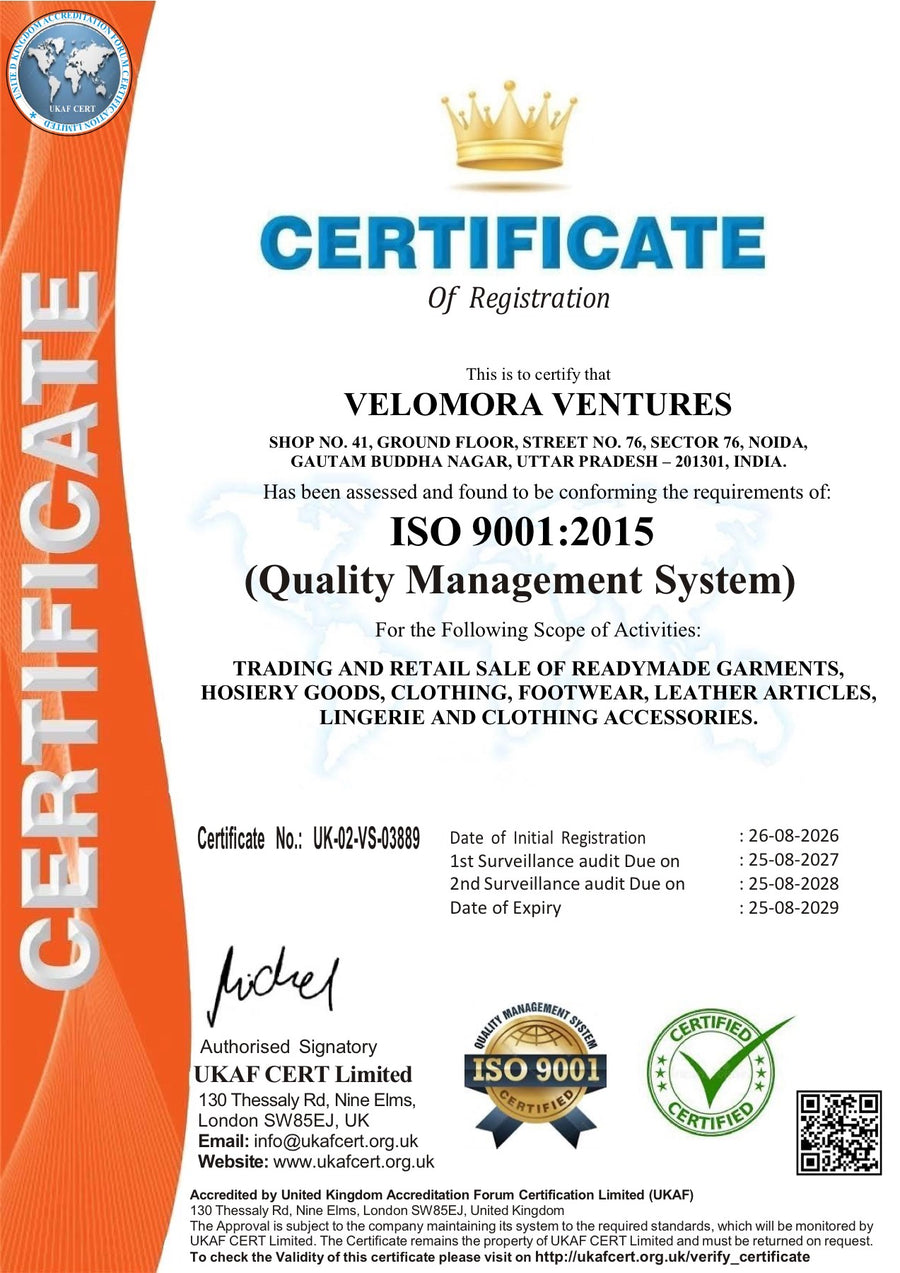 ISO 9001:2015 certificate issued to Velomora Ventures, certificate number UK-02-VS-03889